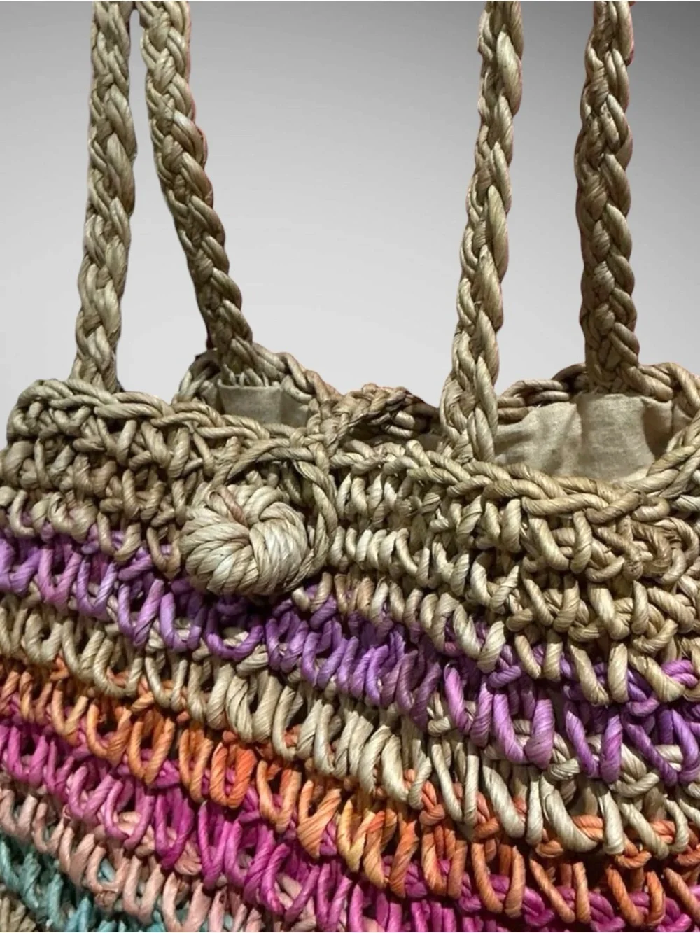 Vintage Rainbow Straw Jute Tote Hobo Bag Boho Beach Crochet Purse